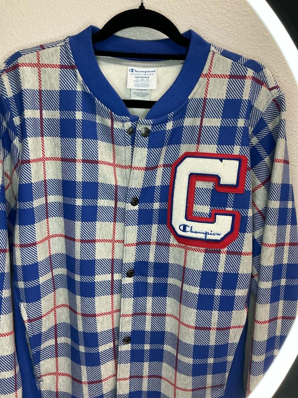 Champion Reverse Weave Baseball Plaid Jacket Blue Grey Men's Medium